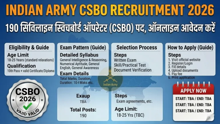Indian Army CSBO Recruitment 2026 – 190 Civilian Switchboard Operator Posts, Apply Online
