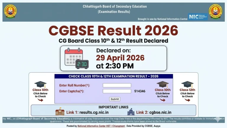 CGBSE Result 2026 – CG Board Class 10th & 12th Result Declared 29 April at 2:30 PM